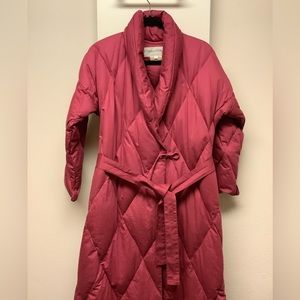 Maroon quilted white down robe covered in cotton fabric.